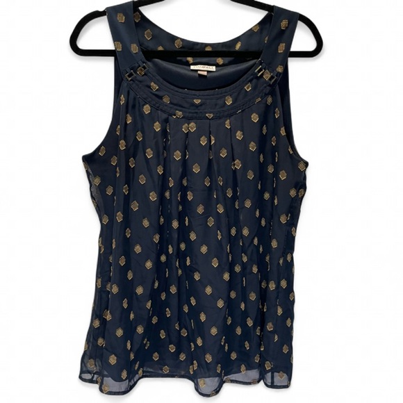 Roz & Ali Tops - Roz & Ali Pleated Tank Top Blouse Navy Gold Metallic Diamond L Geometric Dressy